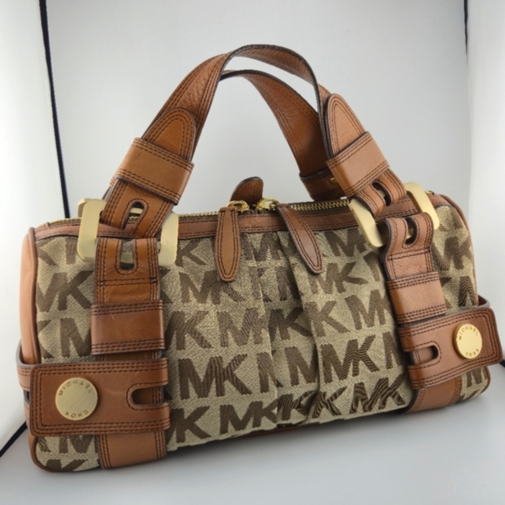 Michael Kors Tan Brown Satchel Bag with Monogram Design